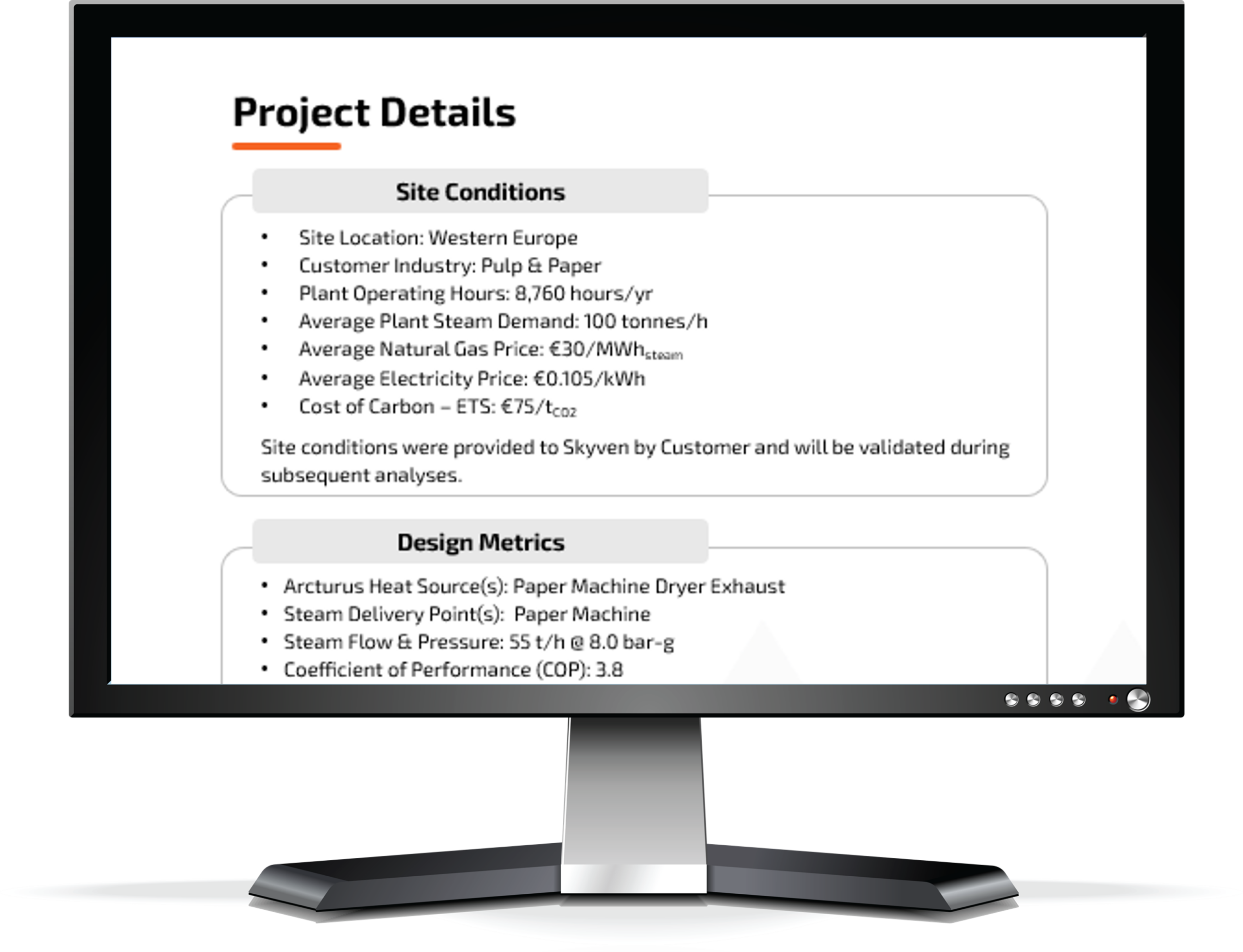 Galileo computer – page 2 Monitor showing the second page of the Skyven Galileo report, which contains project details like site conditions and design metrics.